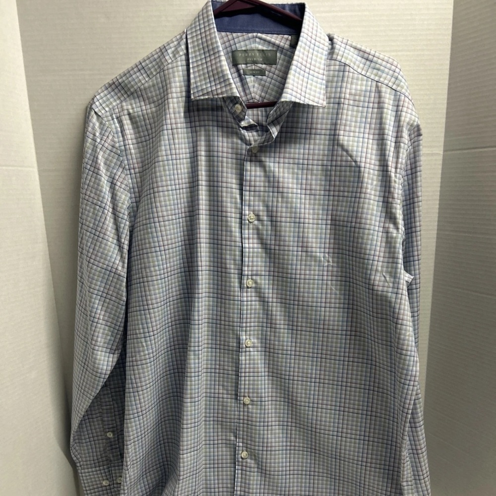 Perry Ellis Portfolio Mens Slim Fit Long Sleeve Shirt Red Blue Check 17 34/35
